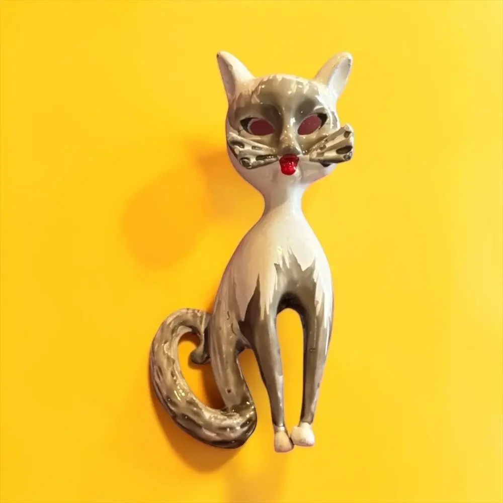 Vintage White Enamel Mod Cat Brooch Red Nose Mid Century Atomic Kitty Pin